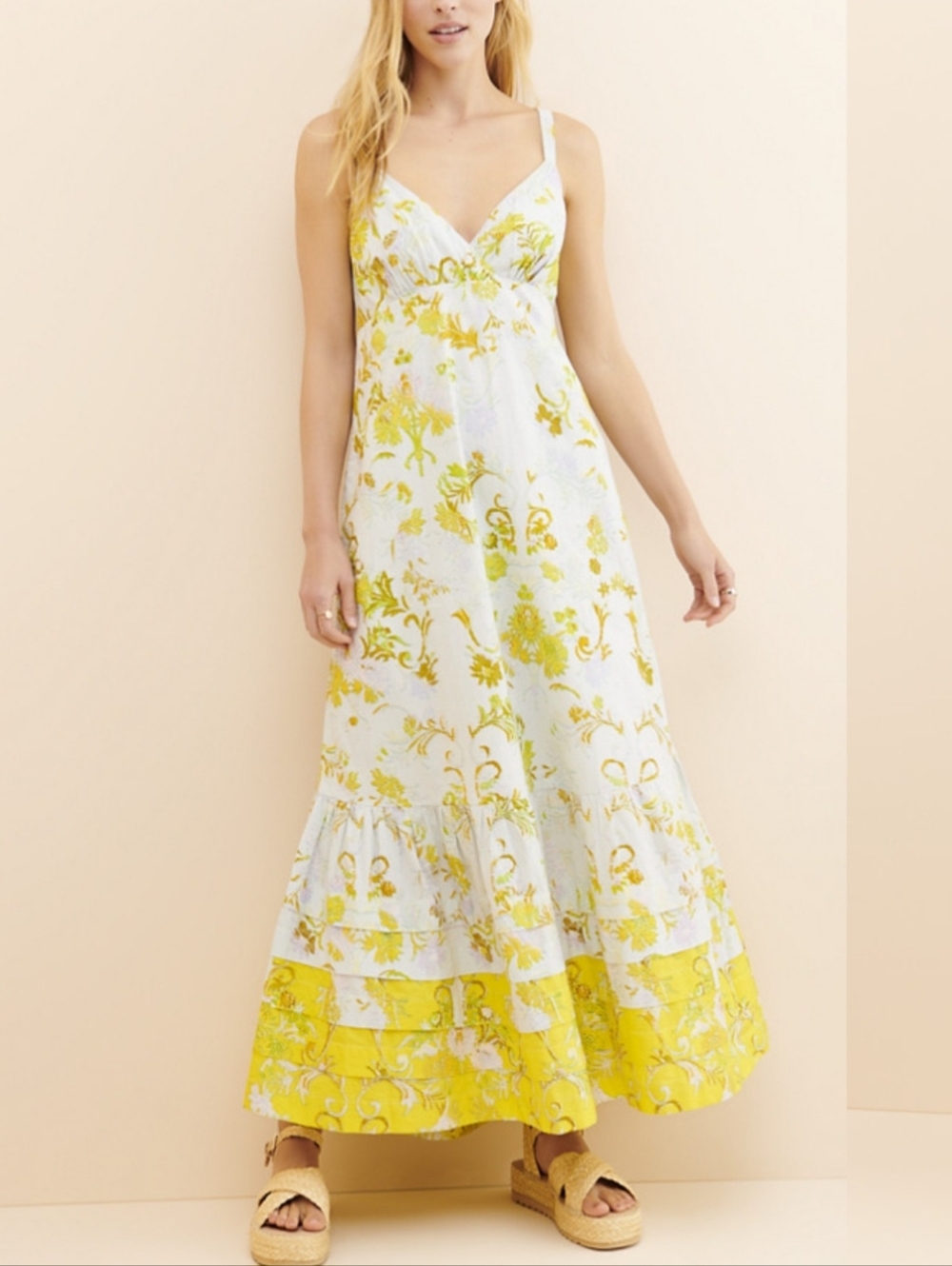 Anthropologie Yellow Floral Maxi Dress Sleeveless V-neck Resotwear EuroSummer